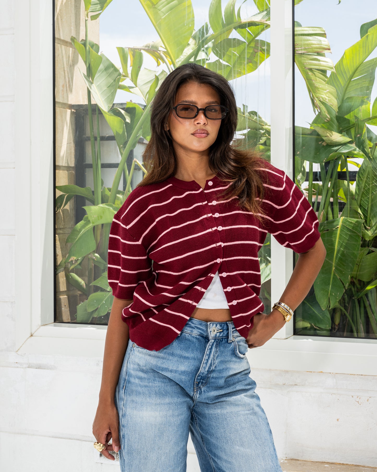 Girls’ Striped Knit Tee Burgundi
