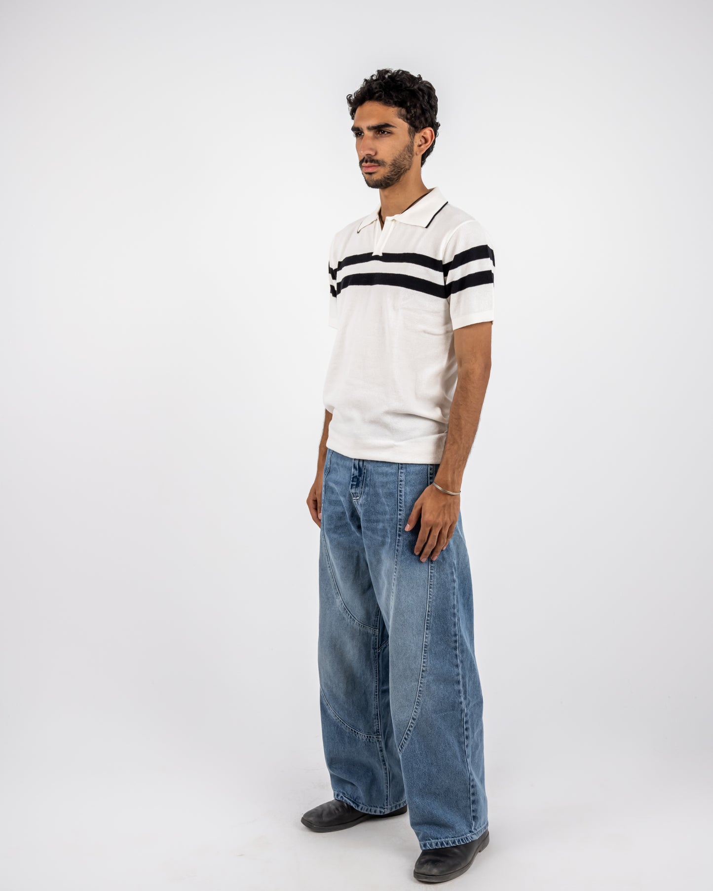 Knit-polo T-shirt white and black