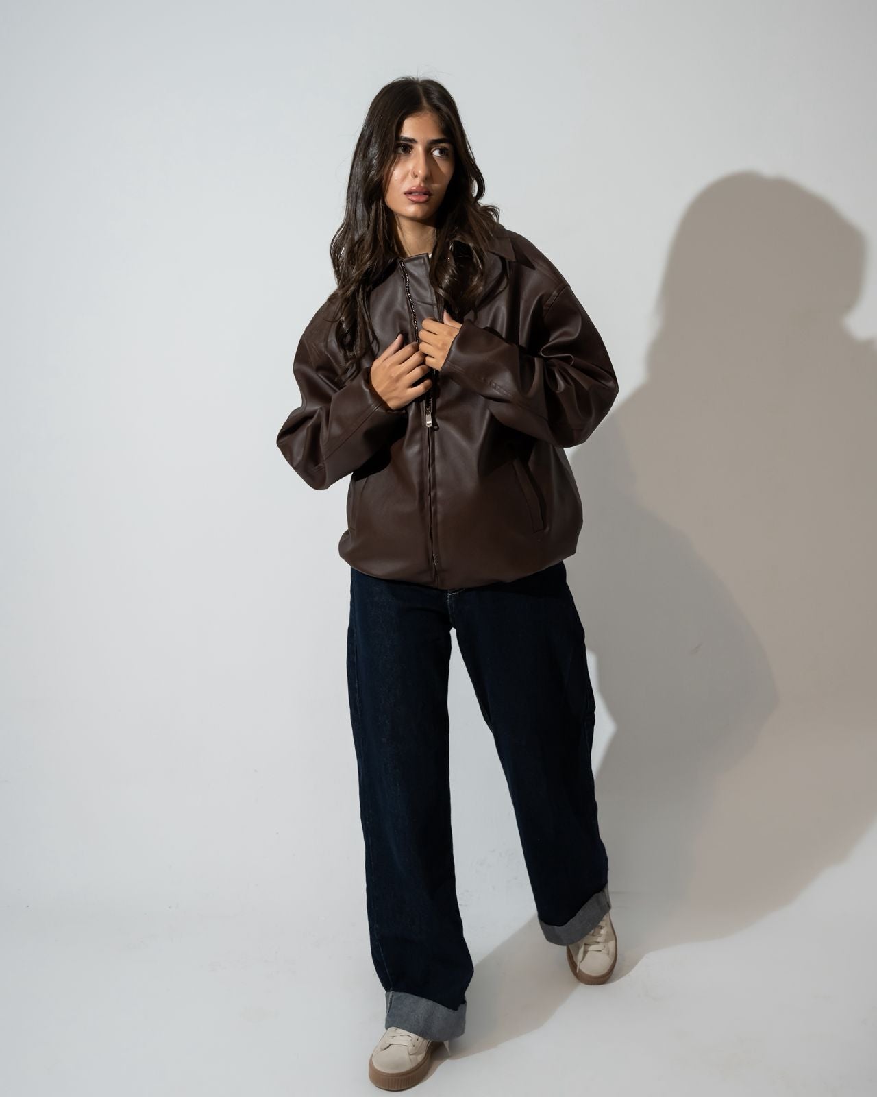 Bold brown leather jacket