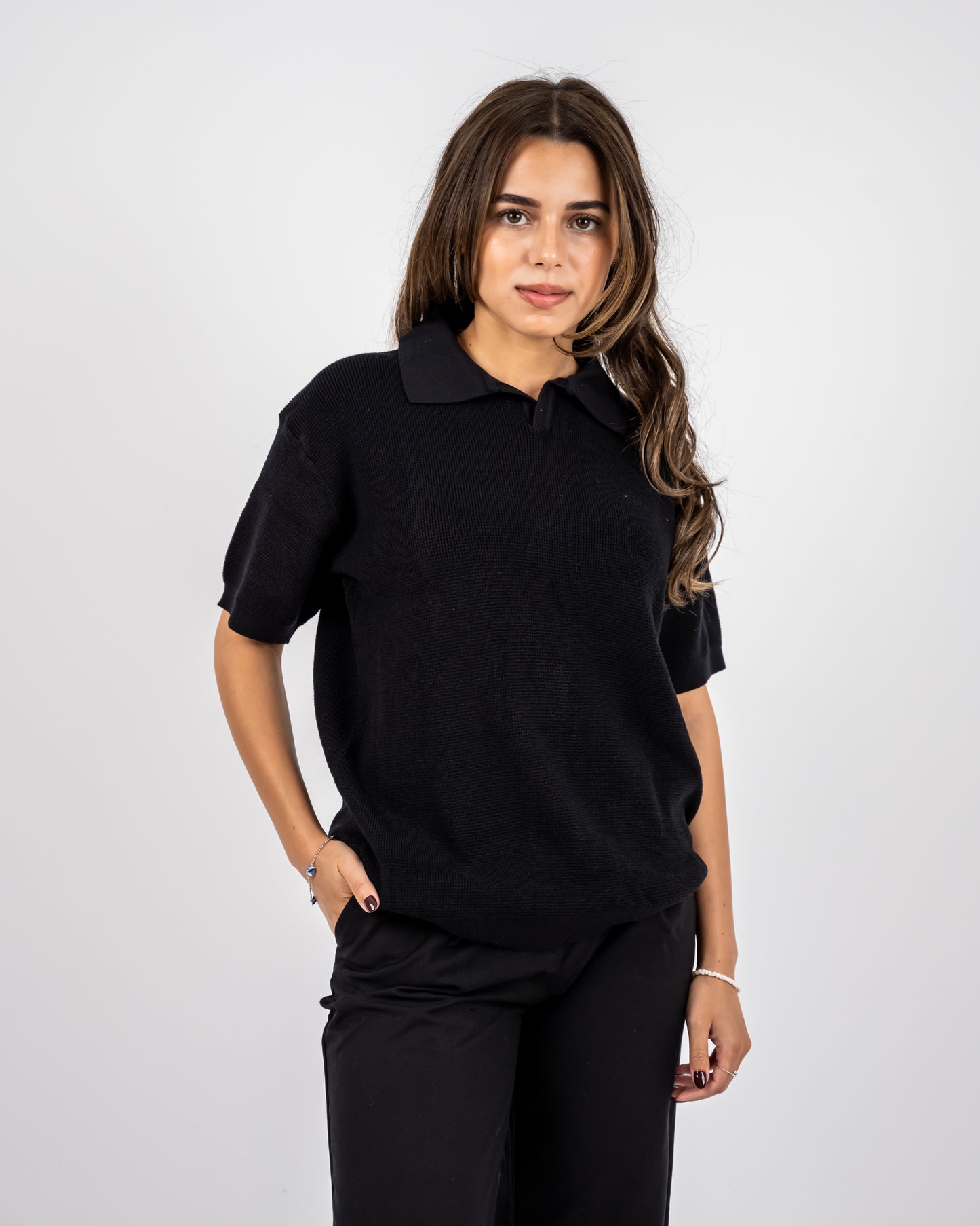 Black knit polo T-shirt