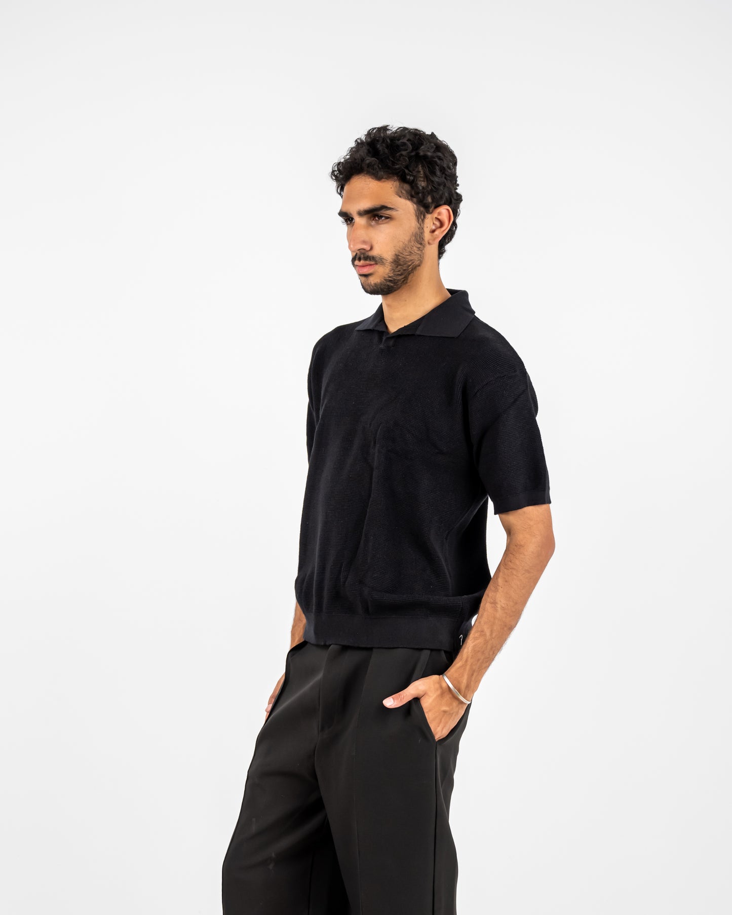 Black knit polo T-shirt